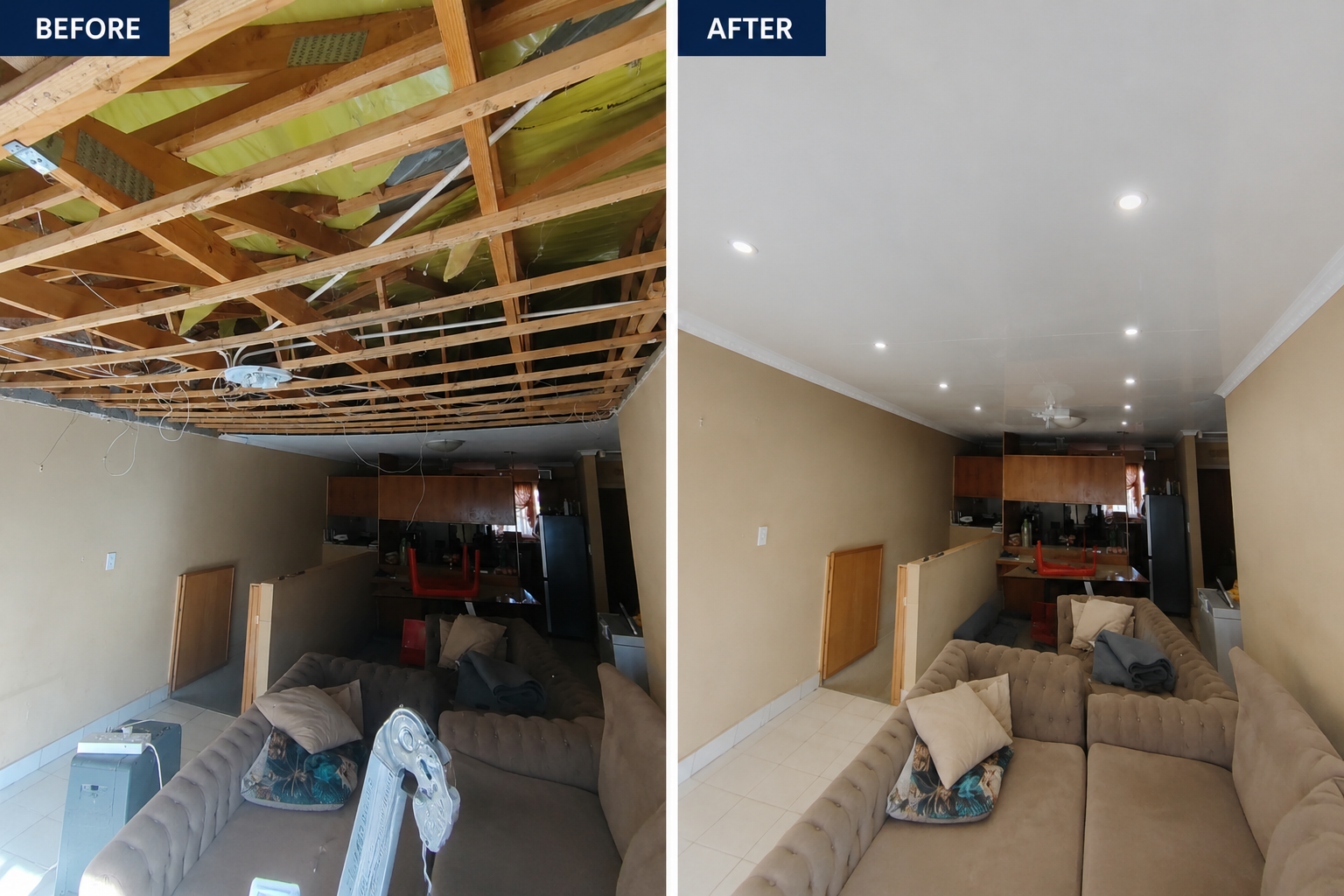Before and after of a repaired and finished ceiling