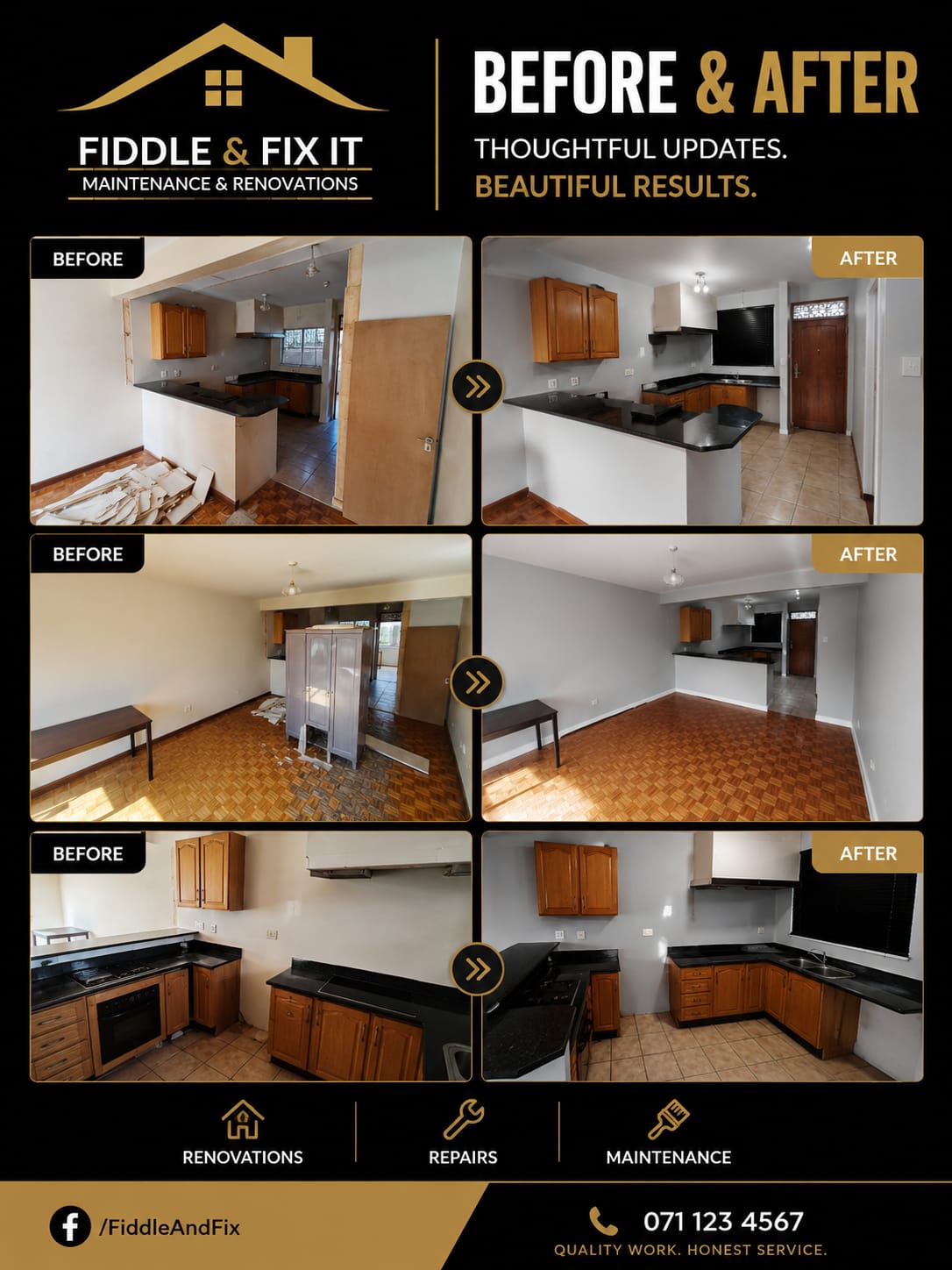 Kitchen and living area renovation before and after showcase